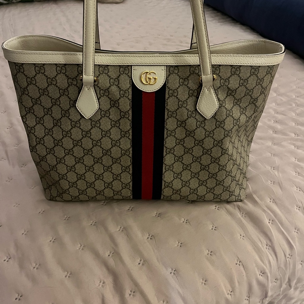 Gucci Cream And Red Tote Bag With Monogram Pattern And Structured Shape